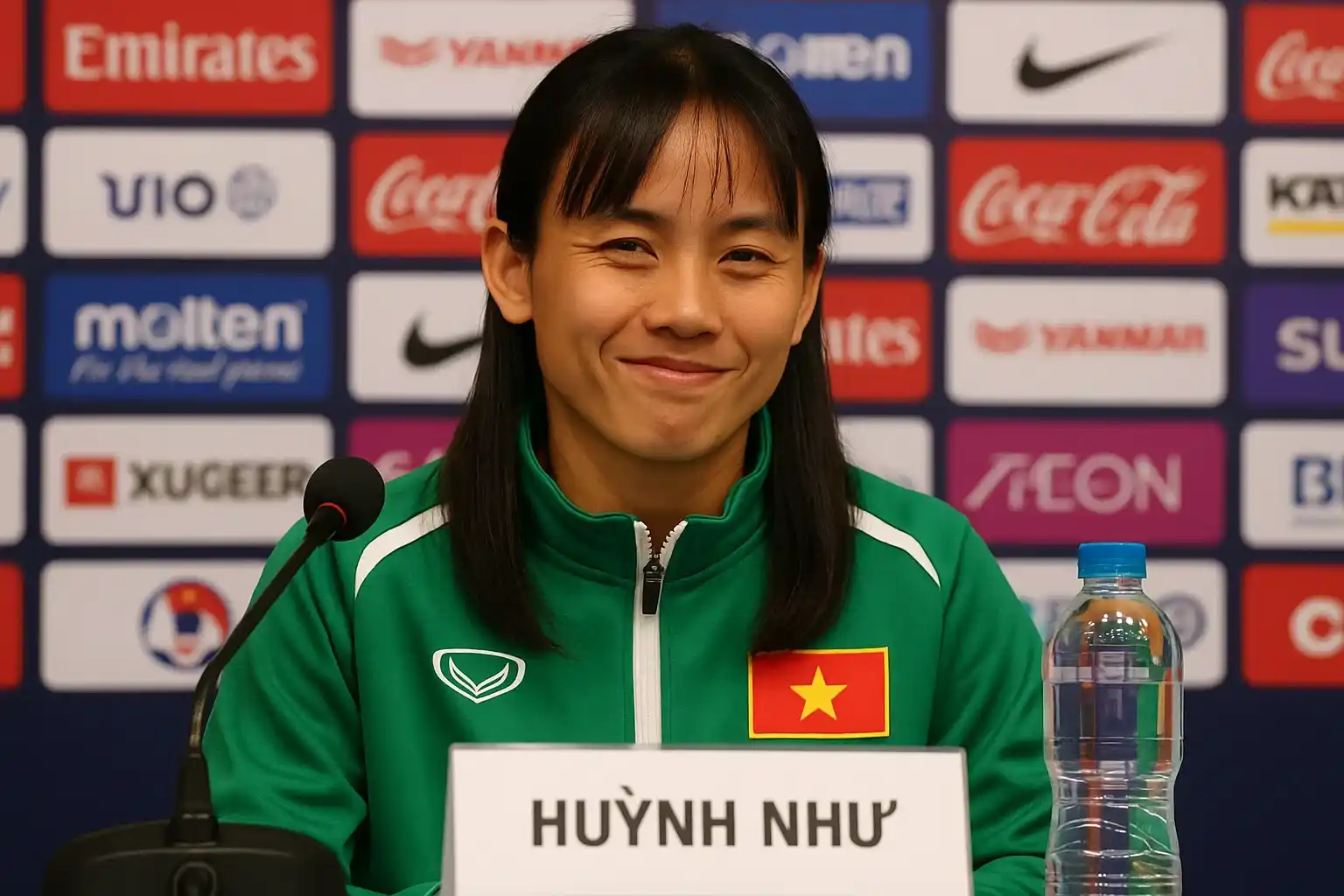 Huỳnh Như trong buổi họp báo, nở nụ cười đầy ẩn ý